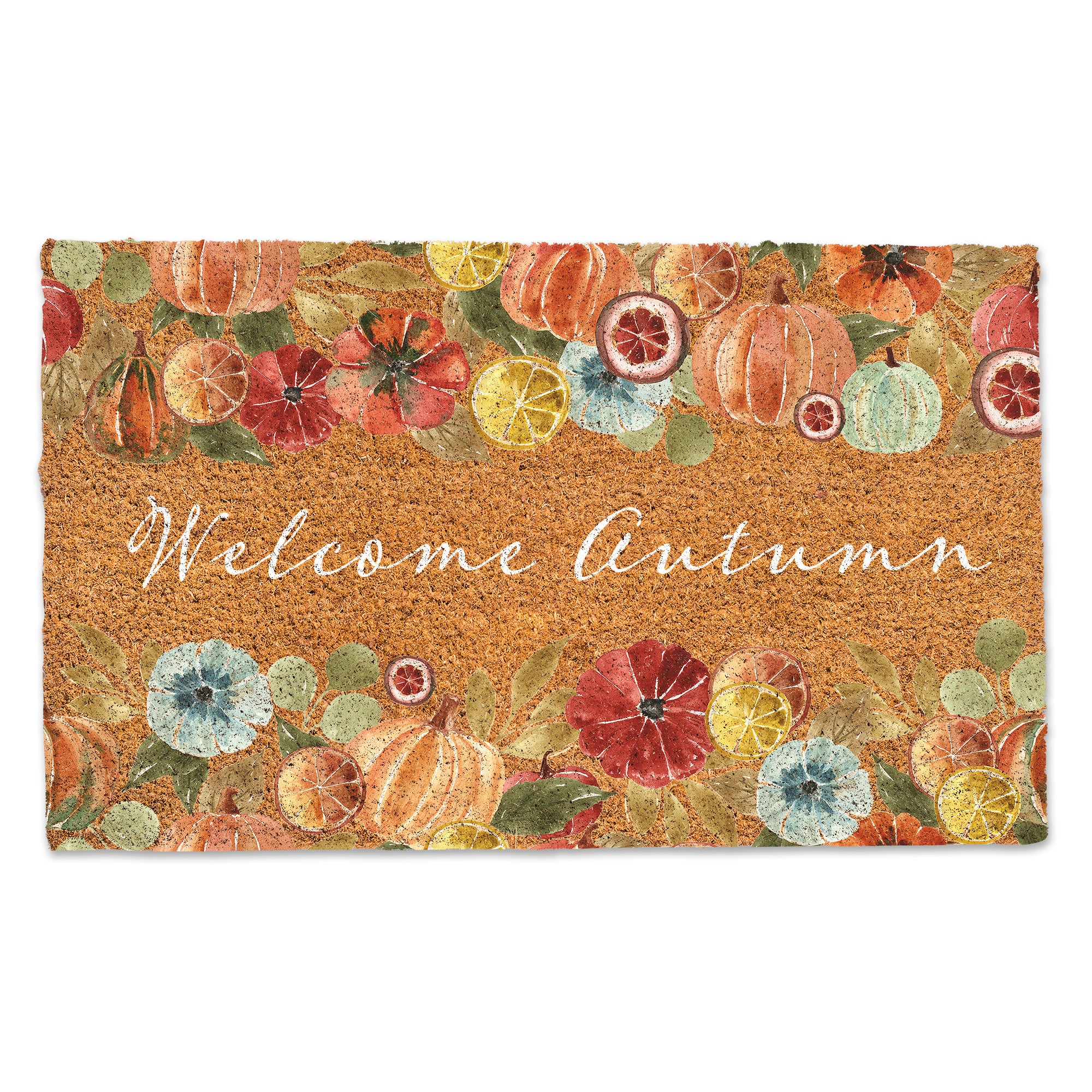 Welcome Autumn Watercolor Pumpkins Door Mat