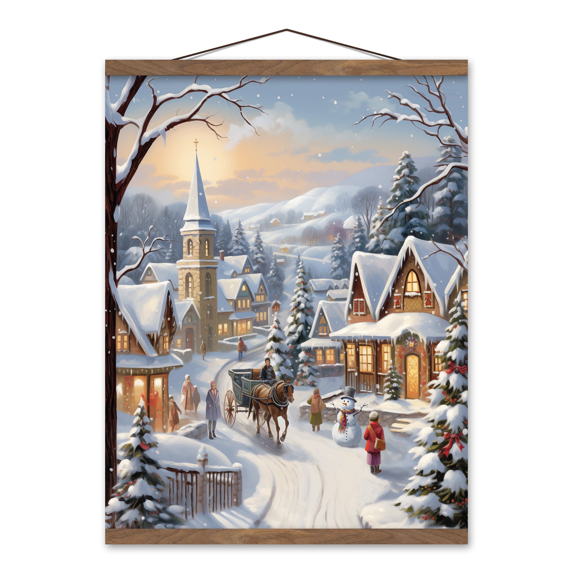 Christmas Village Scene 16 x 20 Teak Hanging Canvas