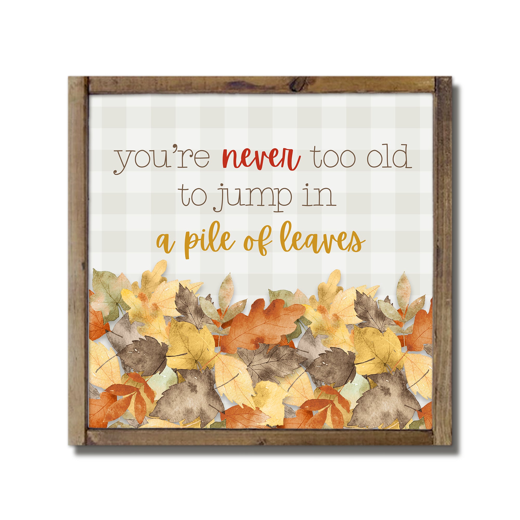 Never too Old to Jump in Leaves Framed Wood Plaque