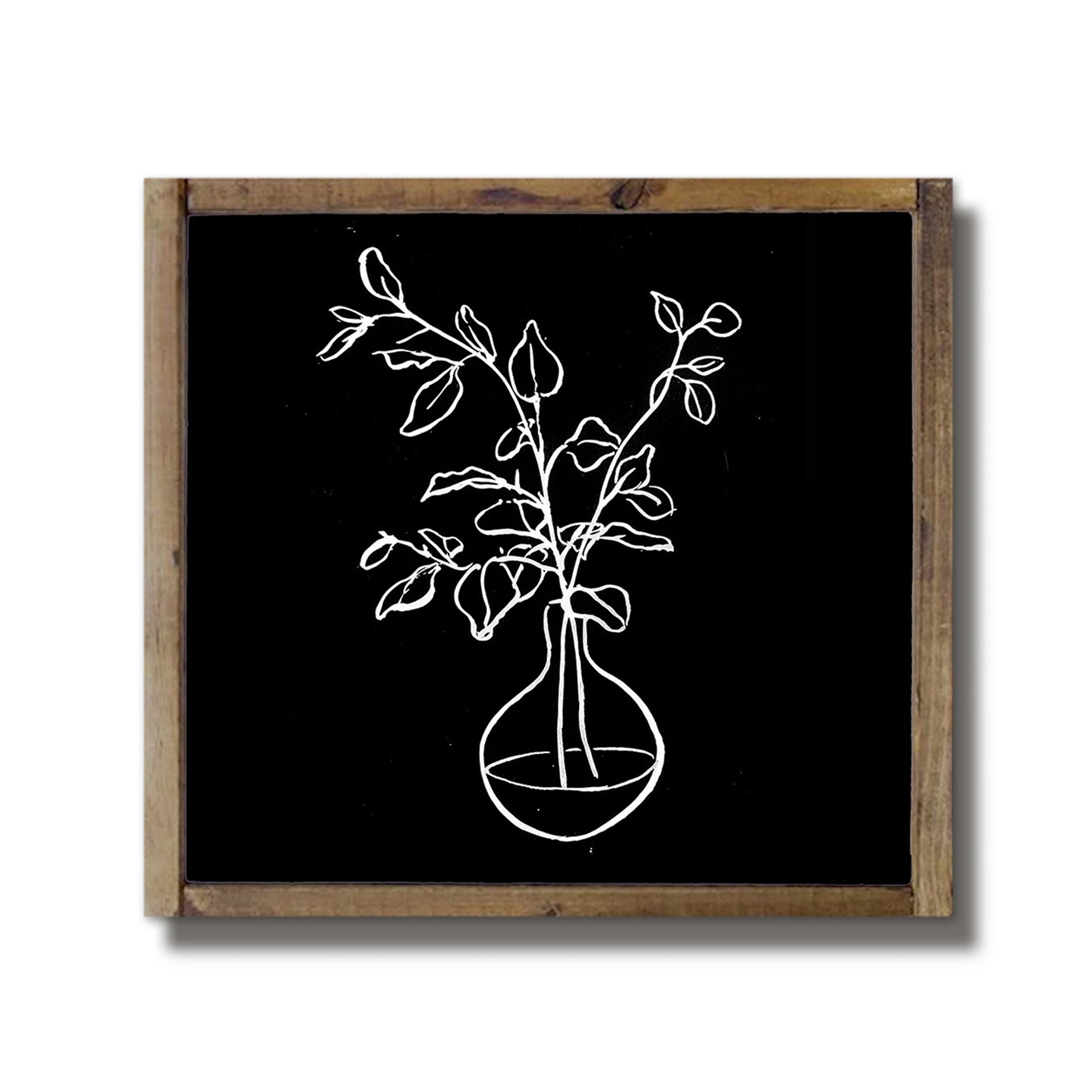 Black and White Line Floral Framed Wood Plaque